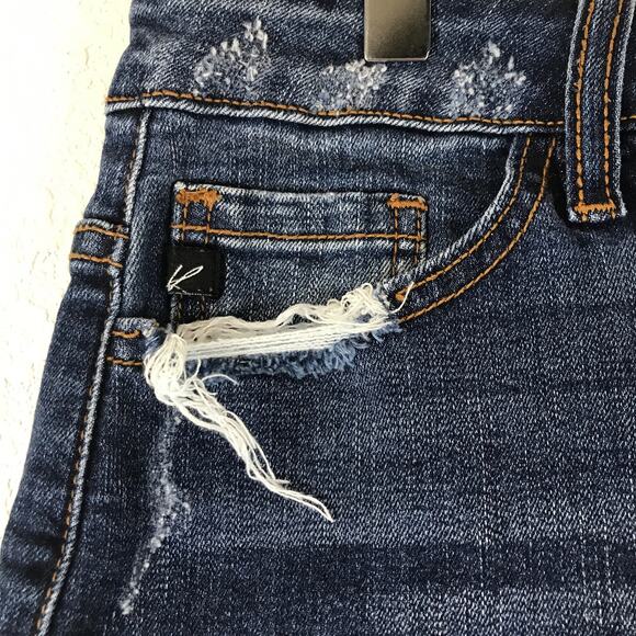 Kancan Jess Ultra High Rise Exposed Button Fly Dark Wash Folded Hem Denim Shorts - Picture 5 of 11